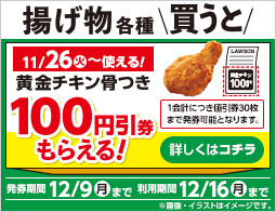 揚げ物各種買うと黄金チキン骨つき100円引券もらえる！